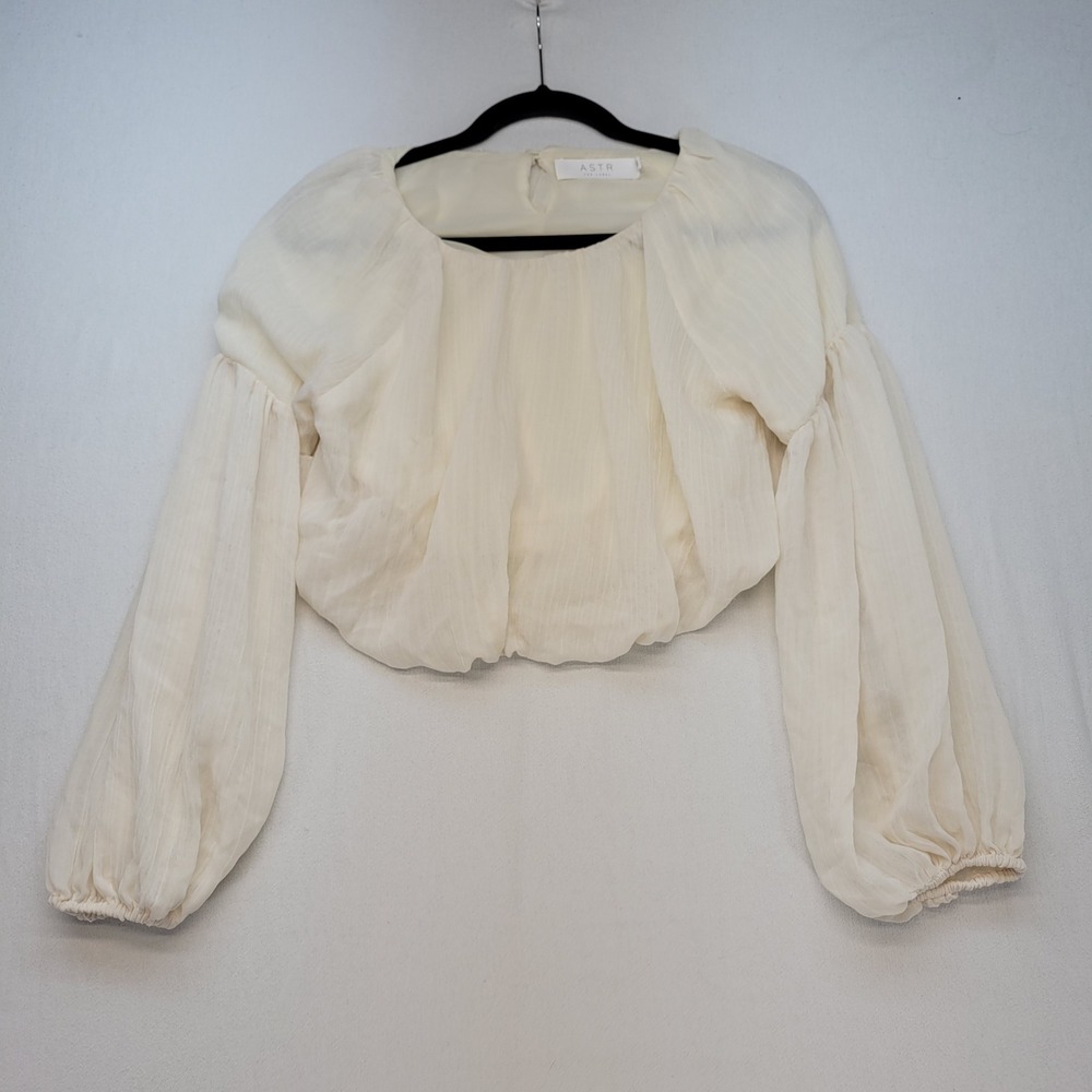 ASTR The Label Crop‎ Top Womens XS Cream Boho Balloon Sleeve Blouse Chiffon